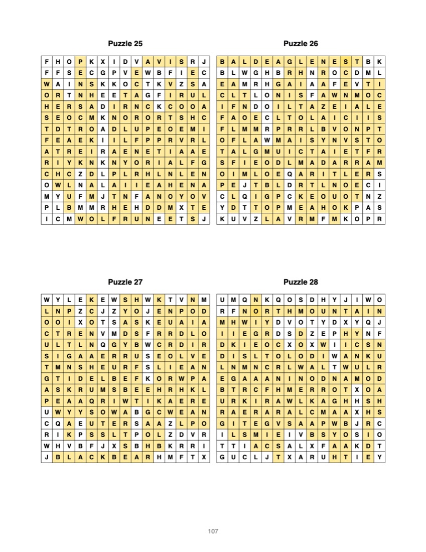 An answer key page showing four solved puzzles with the found words highlighted